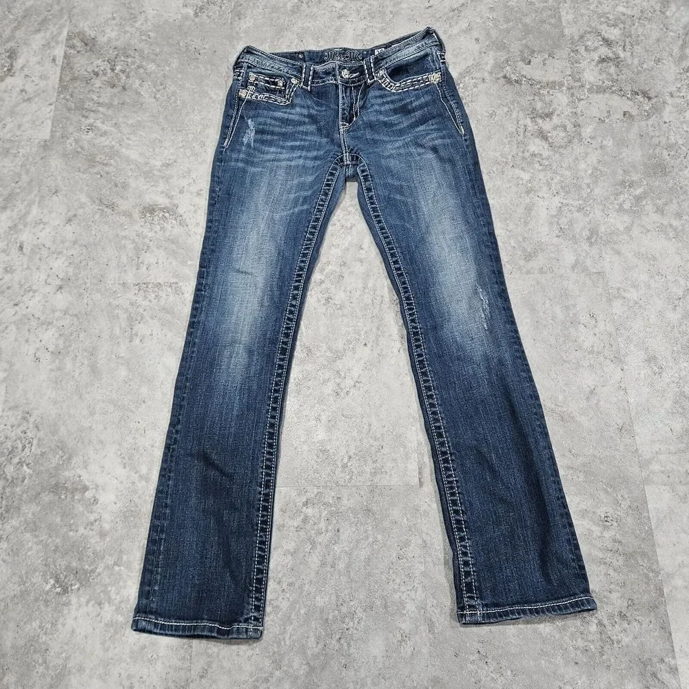 Miss Me Low Rise Distressed Denim Straight Jeans 28 Studded Flap Pockets Bling - Picture 2 of 12